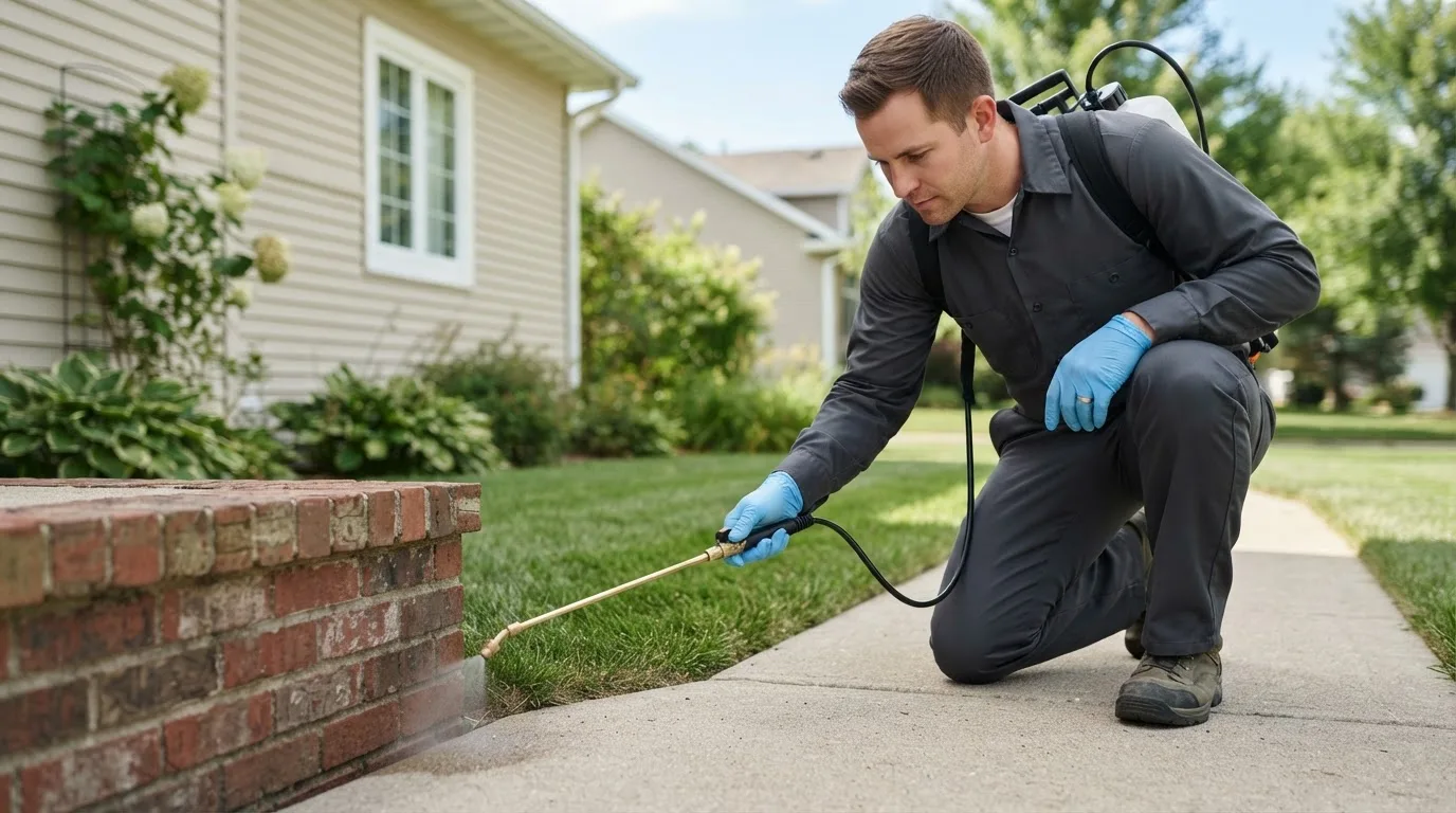 Pest control technician treating a home near Woodville, VA