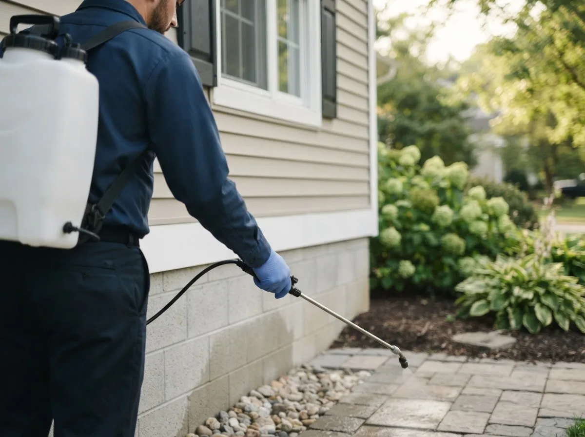 Pest control technician inspecting a home in Woodville, VA